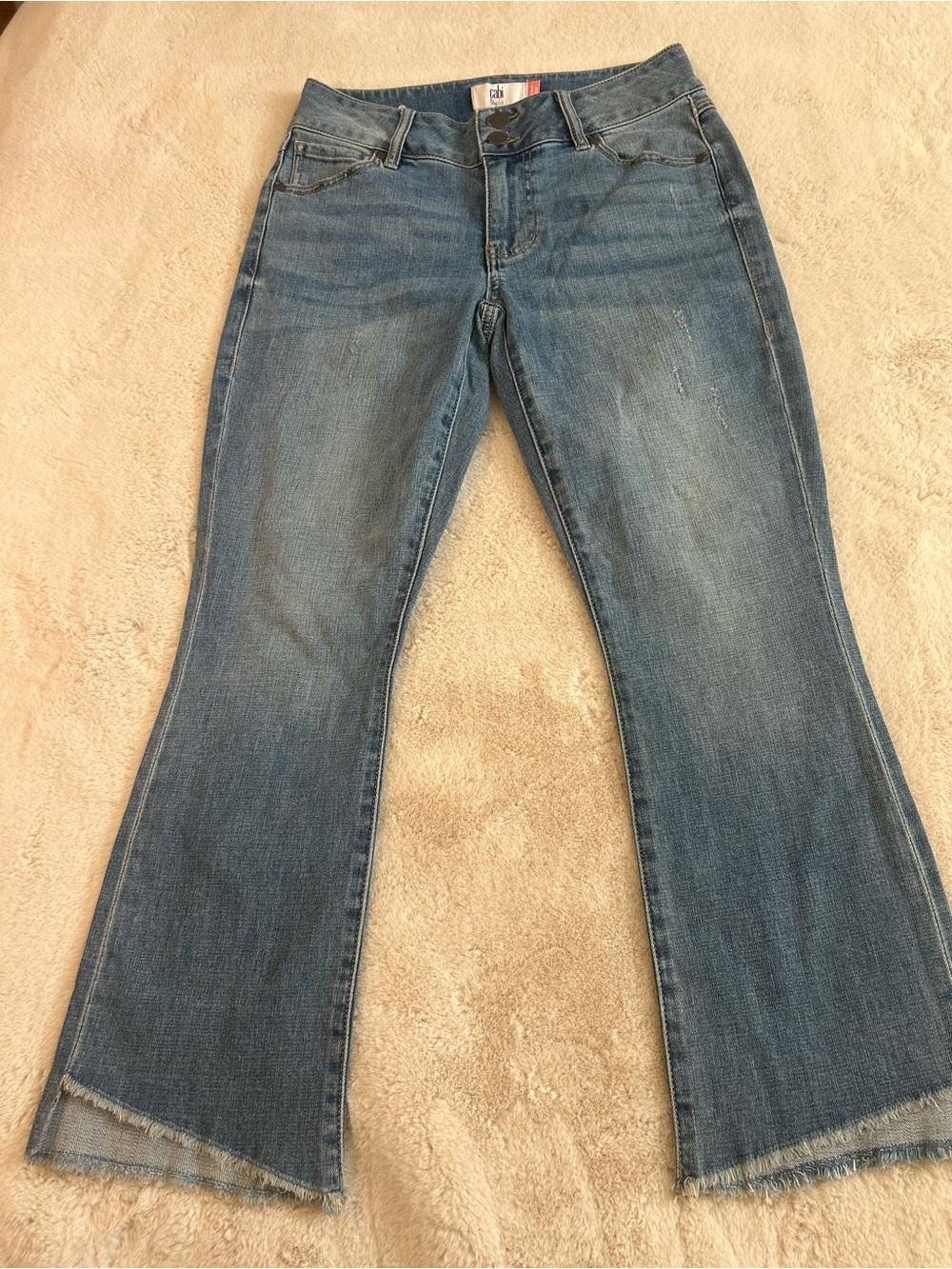 CAbi Medium Blue hello crop 
 Jeans with Frayed Hem
